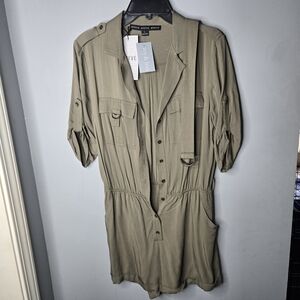 Olive Green Utility Romper Large Safari Button Front Roll Tab Sleeves Belted